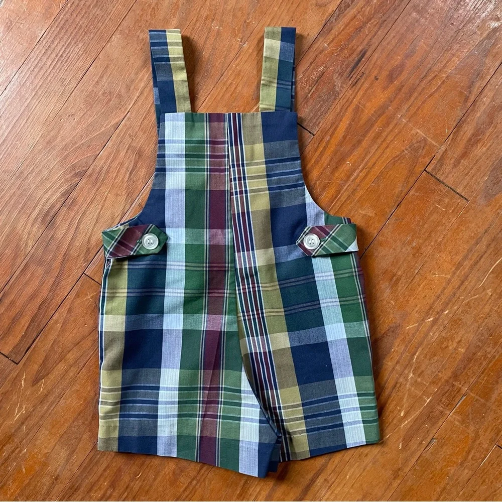 Vintage 60s Healthtex Matching Sibling Pair Toddler Plaid Shortalls, 2T & 3T